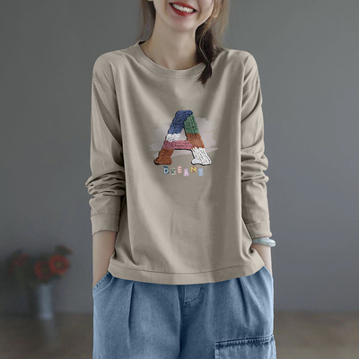 100%纯棉秋季时尚气质T恤女长袖