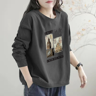 纯棉外贸剪标女装休闲印花长袖卫衣秋宽松显瘦百搭圆领上衣女