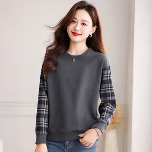 圆领时尚 新款 休闲遮肉显瘦女士上衣 卫衣秋季 外贸出口纯棉格子长袖