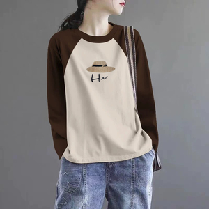 清仓捡漏~纯棉100%休闲大码印花t恤女春秋减龄宽松撞色长袖上衣潮