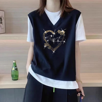 100%纯棉假两件短袖T恤上衣