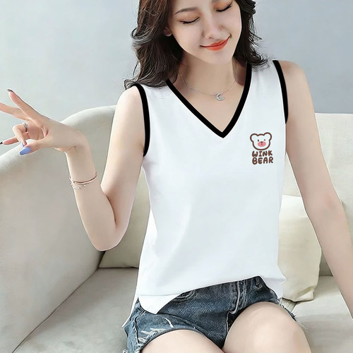 100%纯棉拼色V领背心上衣女