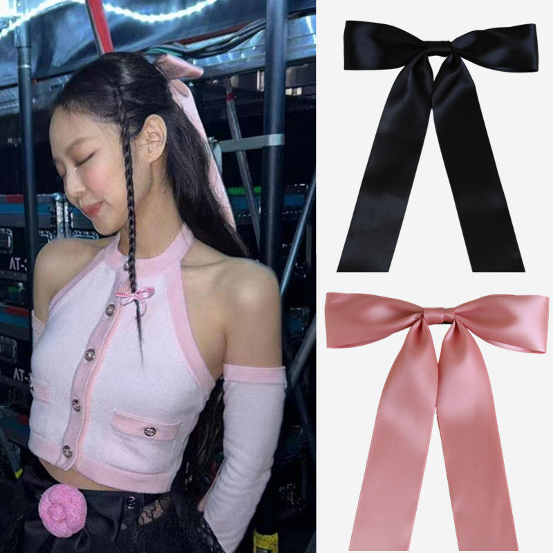 black pink jennie大蝴蝶结发夹气质长飘带后脑勺弹簧夹韩国发饰