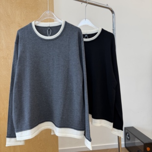 毛衣撞色假两件通勤风针织上衣 row风极简撞色宽松版 柳条儿