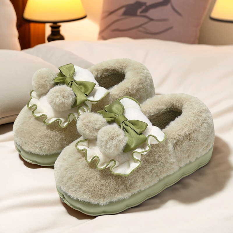 蝴蝶结甜美冬季棉拖鞋女包跟软底