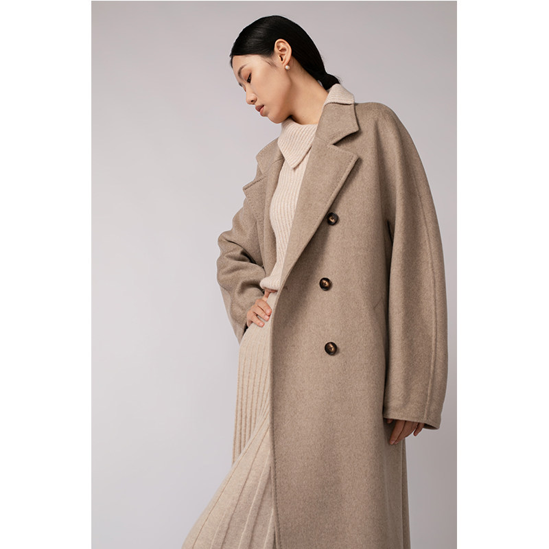 韵歌女h型西装领双排扣插肩袖腰带双面单色手缝羊绒长款大衣11102