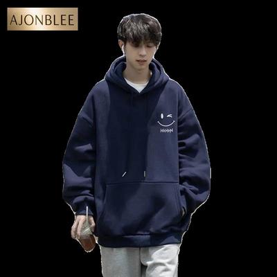 纯棉重磅藏青色美式连帽长袖卫衣男款秋冬季潮牌宽松加绒加厚外套