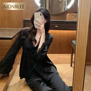 秋冬季 性感冰丝睡衣女2025新款 吊带家居服三件套 纯欲露思同款 法式