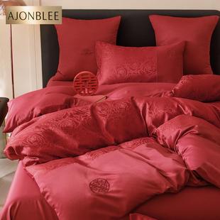 中式 喜字结婚四件套新婚嫁婚房红色床单被套纯棉喜被婚庆床上用品