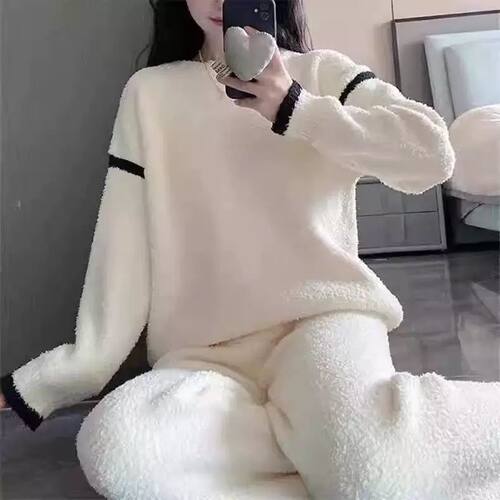 半边绒睡衣毛衣女秋冬款2024新款套头极简居家GP秋冬季套装针织衫