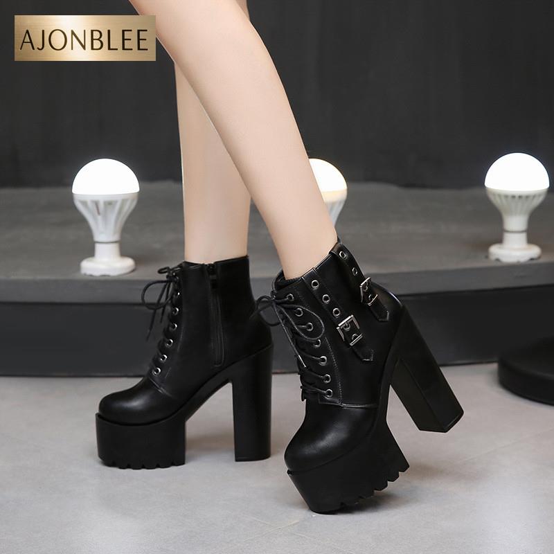 新款14CM欧美白色超高跟短靴松糕防水台厚底系带女鞋粗跟马丁女靴