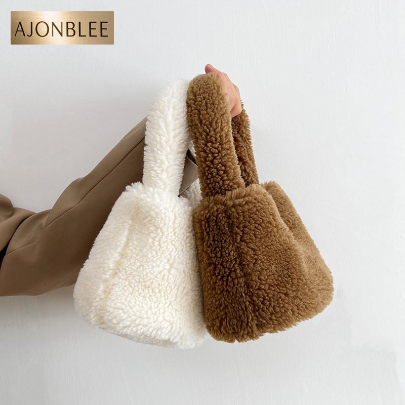 羊羔毛毛绒小包包女冬季新款韩版甜美纯色手拎包小众毛茸茸水桶包