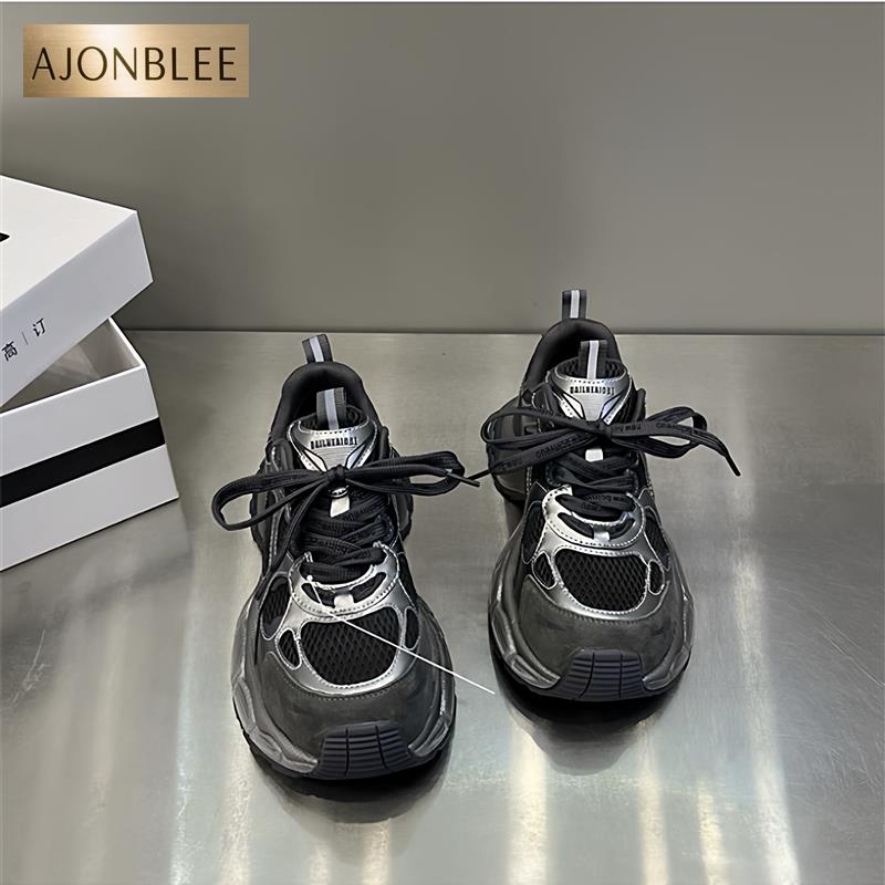 2025新款真皮厚底松糕小怪兽老爹鞋女鞋增高休闲运动百搭透气网面