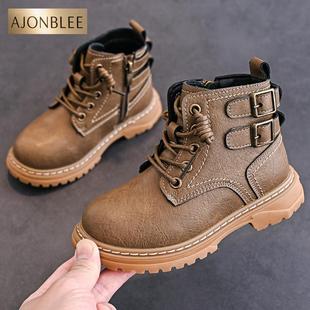 男童马丁靴2025新款春秋防水男孩皮鞋高帮英伦中大童短靴儿童靴子