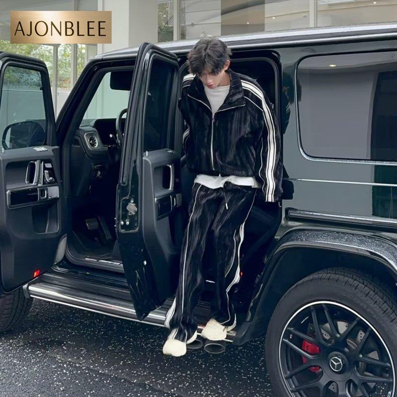 运动套装男复古美式重磅春秋季卫衣开衫外套条纹卫裤潮牌一套搭配