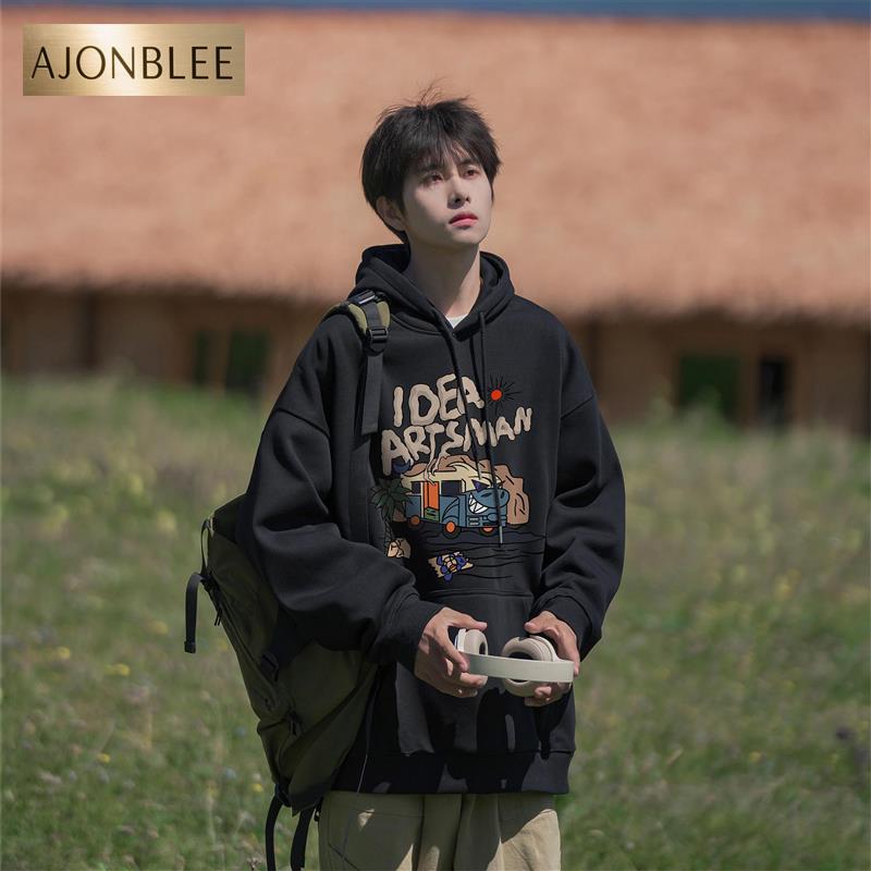 重磅纯棉卡通潮牌复古卫衣男长袖春秋款加绒美式街头男士连帽外套