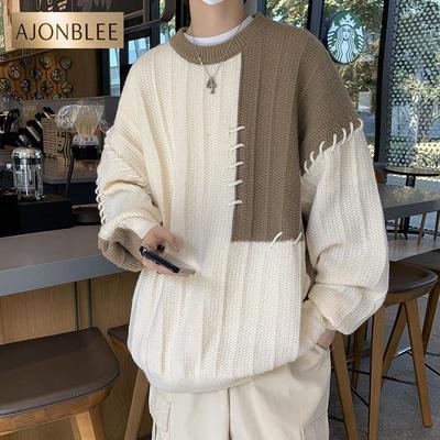 设计感拼接撞色毛衣男女秋冬季宽松休闲小众套头鹿毛绒针织衫上衣