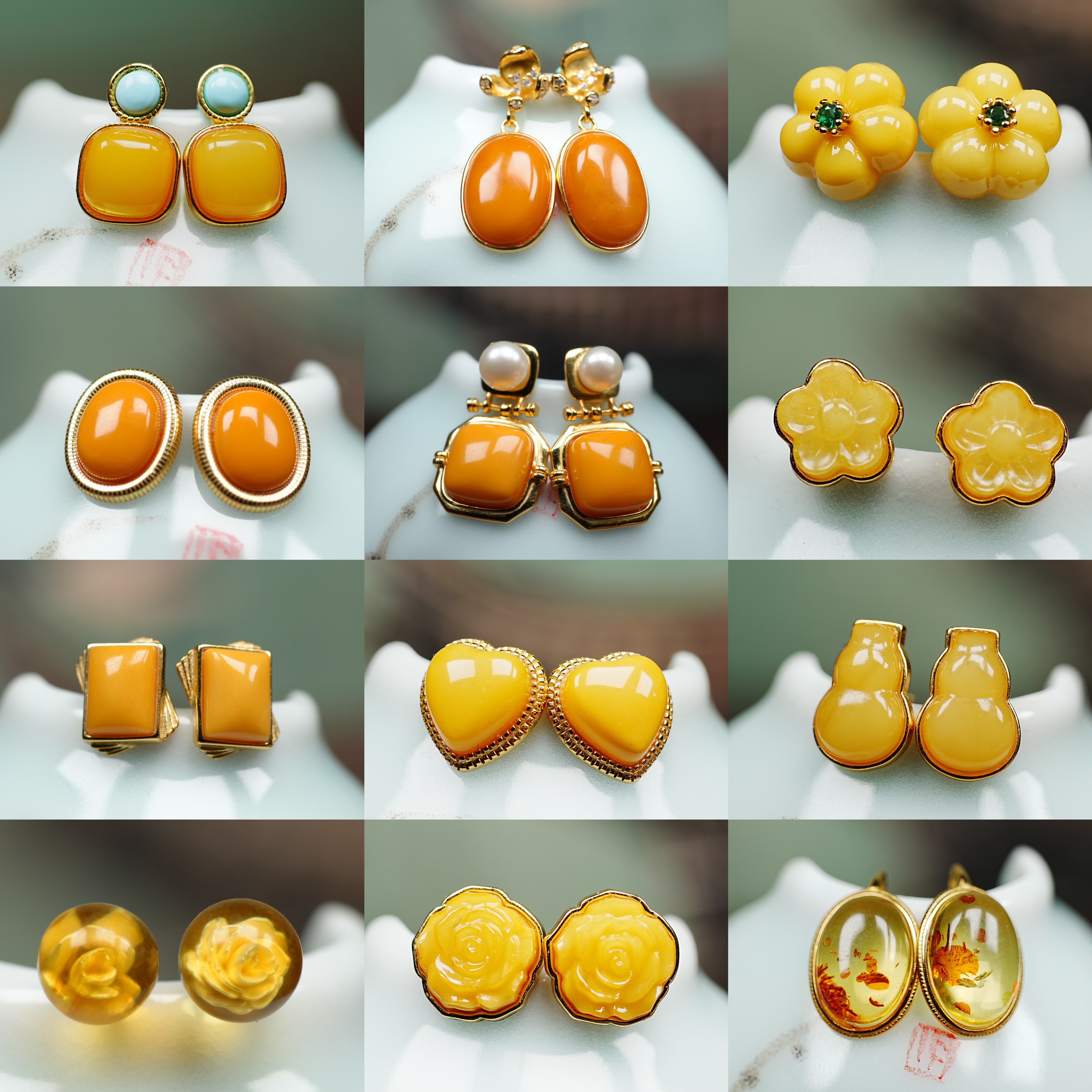 【妆匣8】天然老蜜蜡琥花珀银镀金吊坠戒指耳钉勾坠 素家美玉