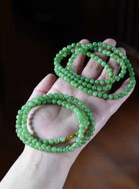 抹茶奶绿。新疆且末黑羊洞碧玉猫眼6毫米108颗薄荷奶绿手项链串