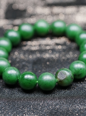 西伯利亚的春天。乌兰乌德碧玉籽料真皮12毫米圆珠手链
