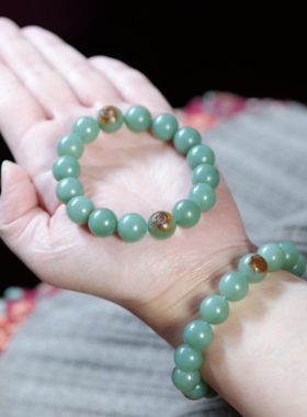 忆江南。新疆籽料和田玉爆油真皮沙枣青12毫米圆珠手链 配证书