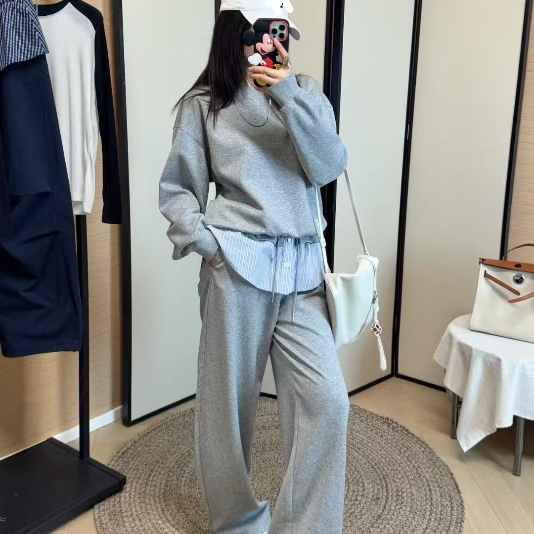 新款格纹拼接假两件卫衣套装