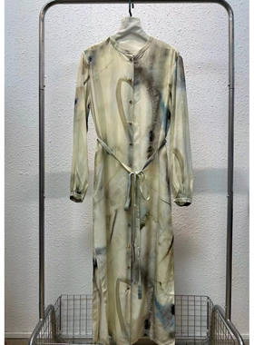 新中式水墨风真丝衬衫连衣裙女长袖系带收腰长裙东方韵味