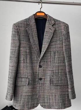 秋冬新法式名媛气质经典格纹羊毛百搭通勤西装外套女廓形翻领