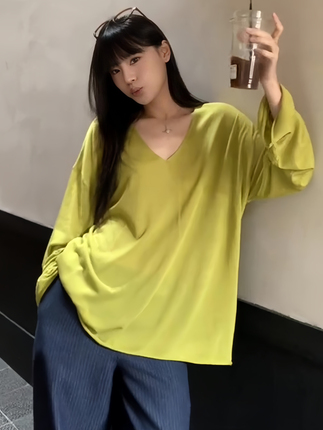 Korean Style Lazy and Relaxed V-Neck Thin Long-Sleeved Sun Protection T-Shirt 2026 Summer New Solid Color Loose Top Women's Clothing