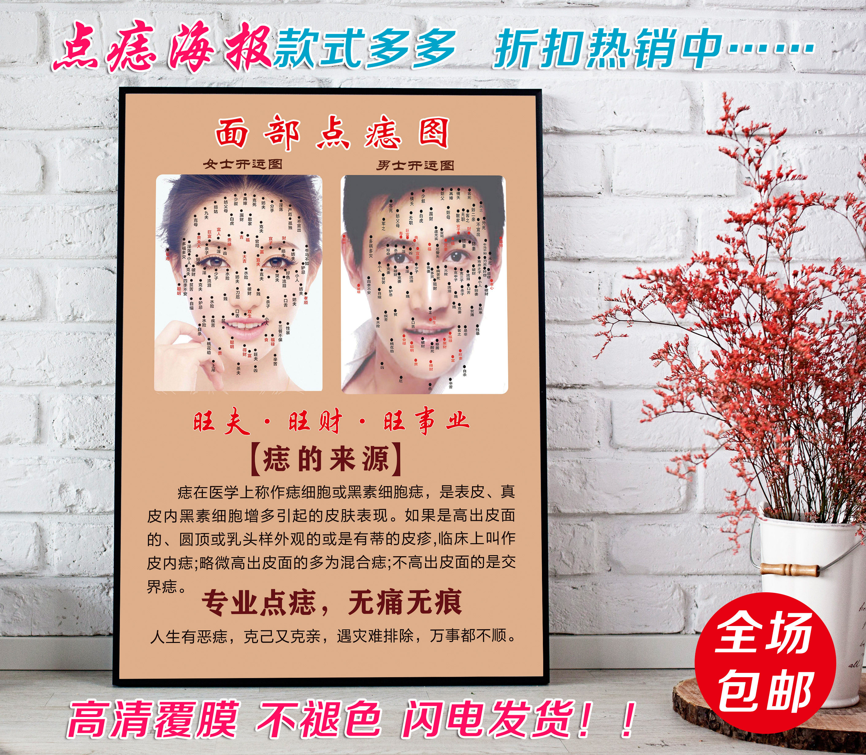 男女脸部点痣祛痣祛斑海报面痣面相取痣挂图美容除痣经络穴位图片