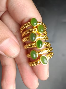 天然新疆和田玉碧玉戒指活口古法金指环