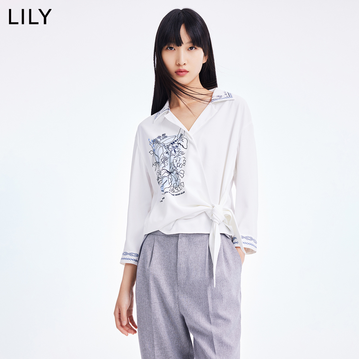 LILY2022夏新款女装设计感小众洋气舒适垂顺宽松九分袖雪纺衫上衣
