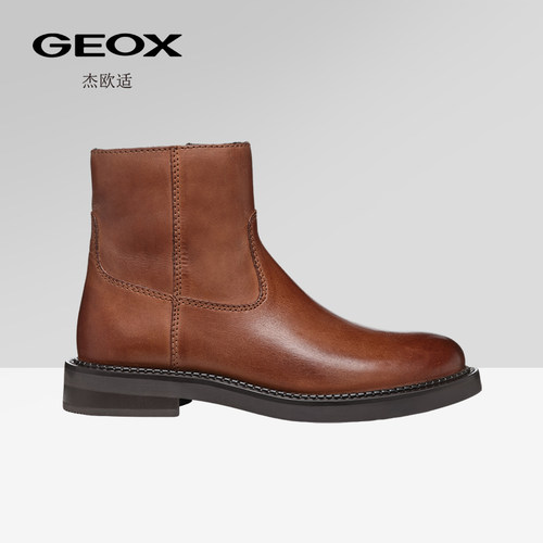 GEOX杰欧适女鞋早春真皮复古粗跟短靴女百搭拉链切尔西靴