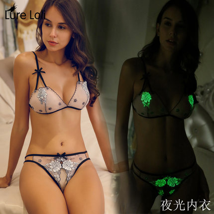 夜光极度诱惑开档丁字裤性感露乳激情文胸套装T裤三点式胸罩女士-tmall.com天猫