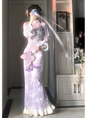 新中式国风紫色提花盘扣改良旗袍裙年轻款特别漂亮气质连衣裙25冬