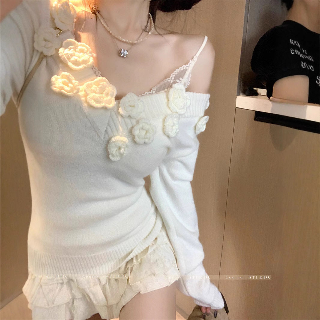 法式立体花朵V领白色针织衫毛衣女秋冬气质软糯短款露肩红色上衣