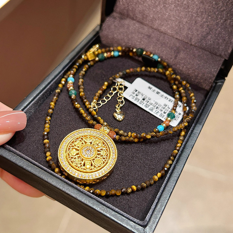 可转动罗盘天然虎眼石毛衣链 原创镶钻吊坠长款项链秋冬百搭饰品