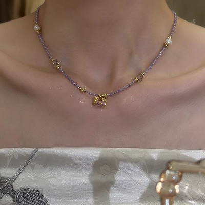 紫色串珠项链女高级感轻奢毛衣链小众气质锁骨链2025年新款颈链