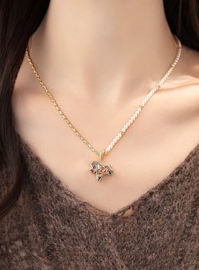 彩色锆石小马串珍珠项链女轻奢高级感秋冬毛衣链珐琅彩吊坠配饰品