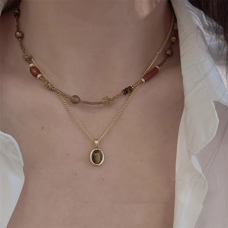 复古美拉德气质椭圆虎眼石项链个性潮流毛衣链时尚高级感女项饰