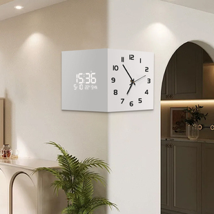 客厅转角时钟万年历电子钟2025新款 双面挂钟创意壁灯拐角挂墙钟表