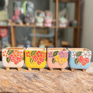 韩式手绘多肉花盆陶瓷特价清仓透气粗陶创意植物盆栽肉肉小拇指盆