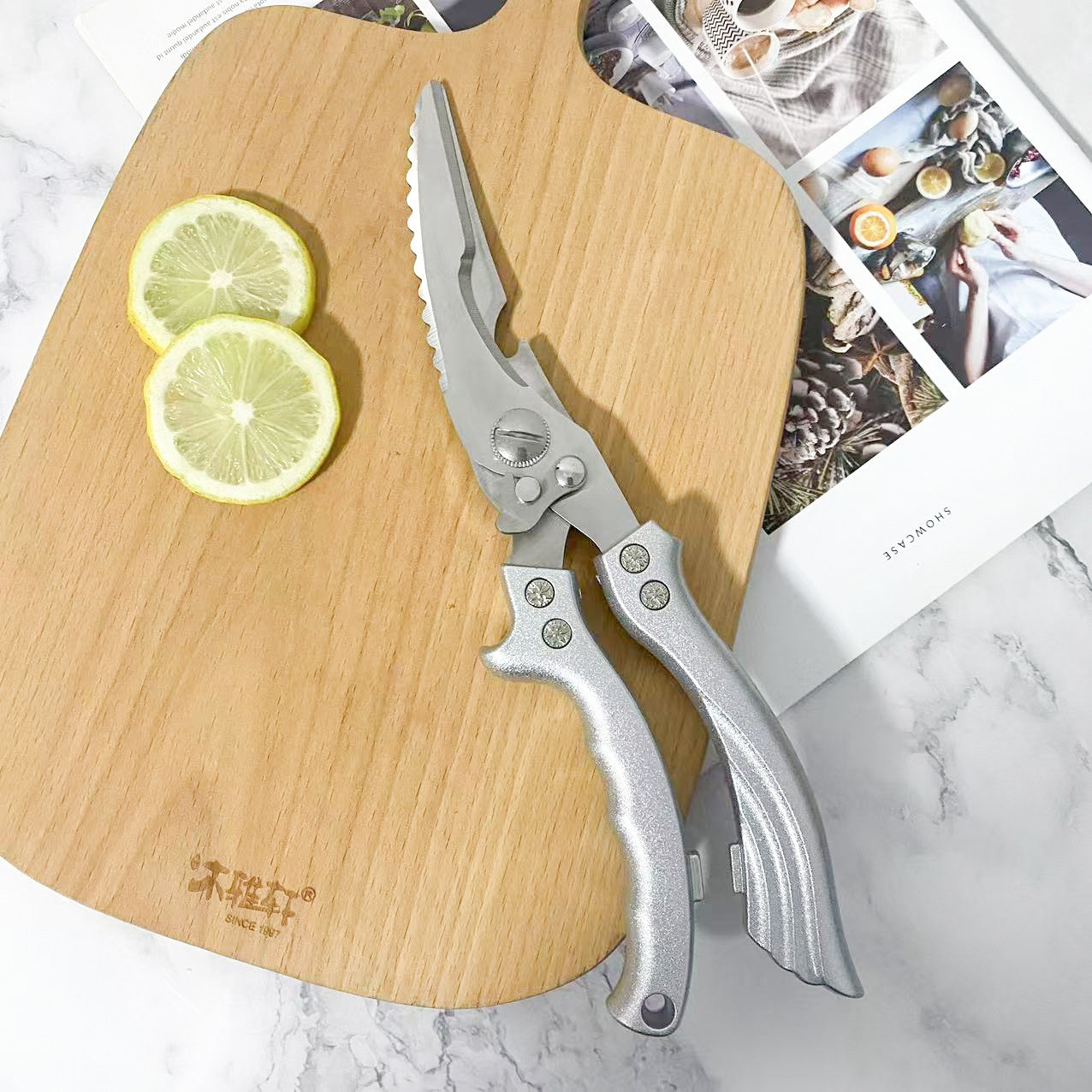 不锈钢塑料手柄强力鸡骨剪海鲜烤肉自动回弹多用厨房剪开瓶食物剪