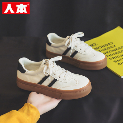 人本帆布鞋女2026春季新款透气白色布面德训鞋女款厚底运动板鞋子