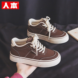 人本高帮加绒帆布鞋女2025秋冬新款棕色保暖棉鞋女款冬季加厚短靴