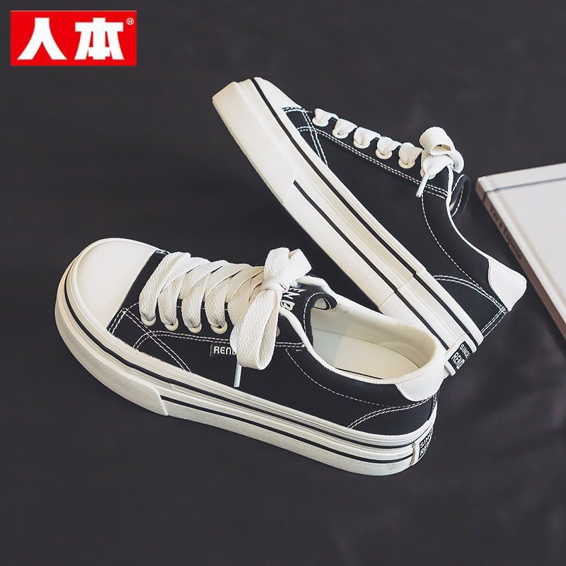人本厚底帆布鞋女2026春季新款透气休闲板鞋子学生运动鞋黑色球鞋