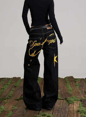 NovaMode美式复古辣妹字母印花牛仔裤女宽松休闲百搭直筒阔腿长裤