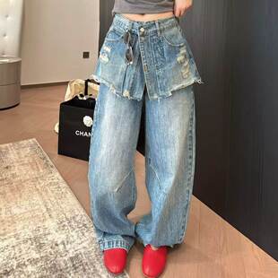 NovaMode复古磨破可脱卸屁帘阔腿欧货时尚 女 设计感两件套牛仔裤
