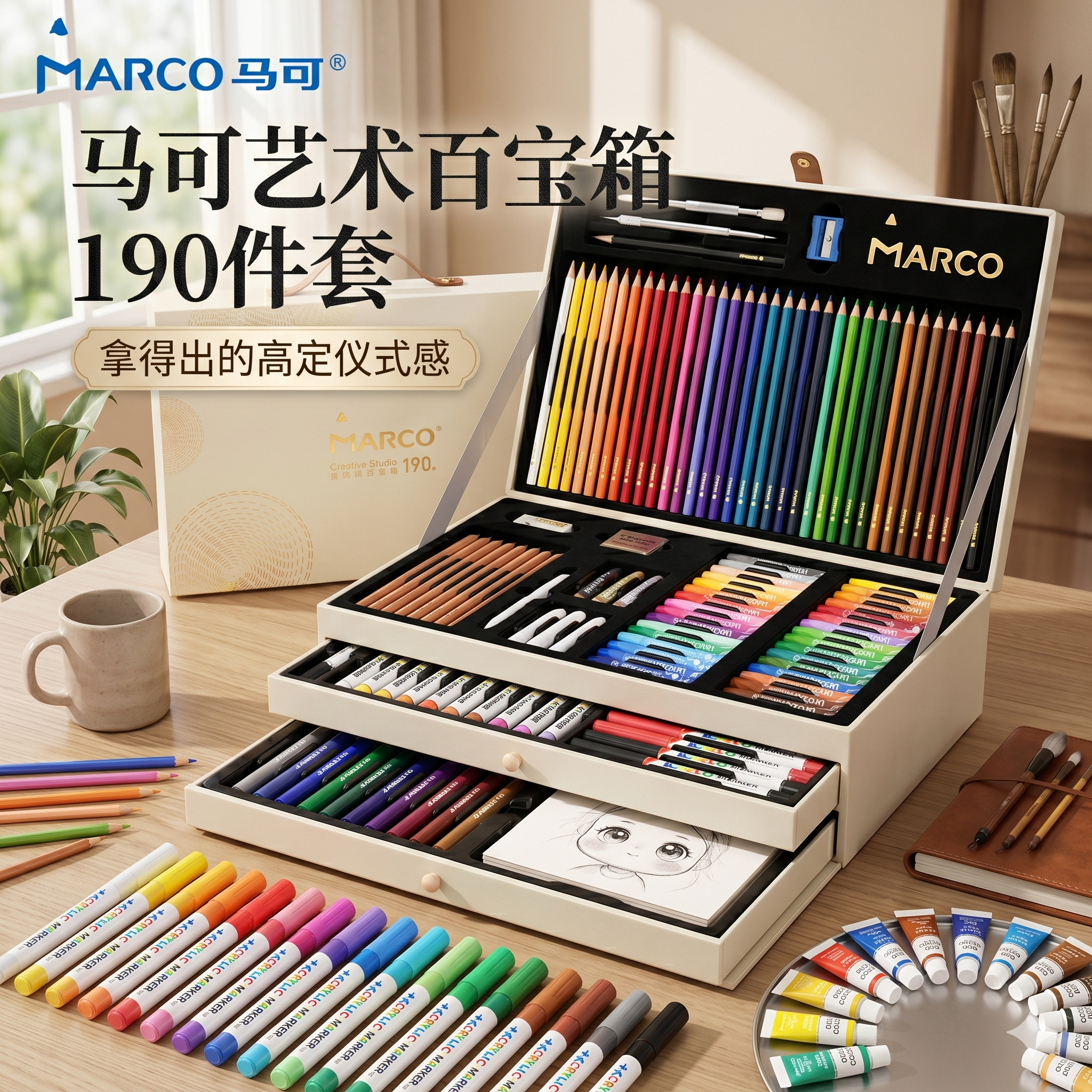 MARCO马可艺术百宝箱190件全套文具套装礼盒小学生美术专用软头丙烯马克笔六一儿童节班级生日礼物画画水彩笔