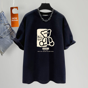黑色t恤女短袖2026新款夏季小众熊设计感潮大版宽松显瘦纯棉上衣